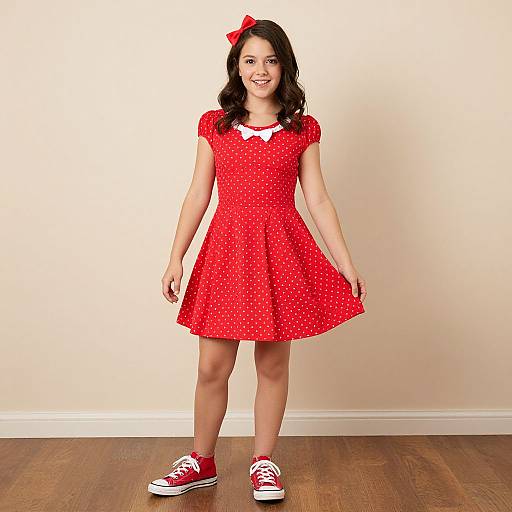 Photograph of a smiling young woman with medium brown hair, wearing a red polka dot dress, white collar, red bow, and red sneakers,