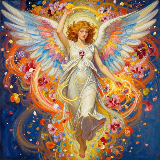 Digital painting of a radiant, winged, red-haired angel with flowing white dress, surrounded by vibrant flowers and swirling colors against a dark blue background.