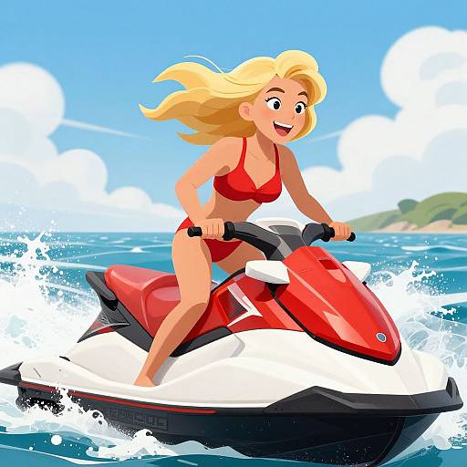 Cartoon-style illustration of a blonde woman in a red bikini riding a red and white jet ski, splashing through blue ocean waves under a bright,