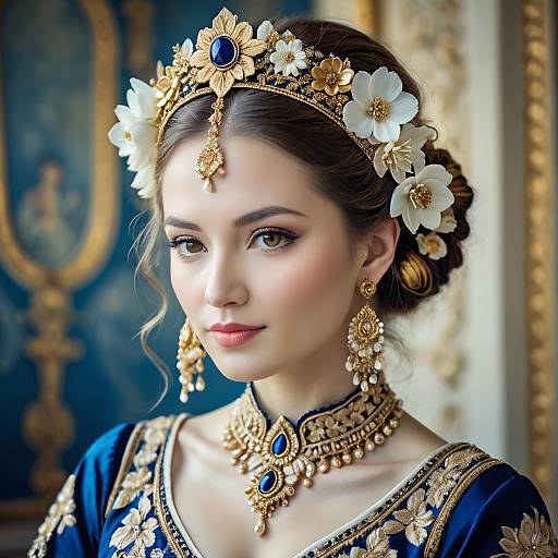 Elegant Woman in Blue and Gold Traditional Fantasy Attire