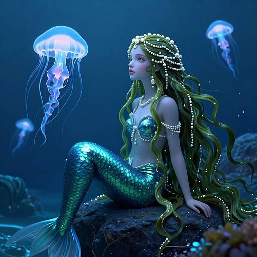 Digital art of a green-haired mermaid with glowing blue scales, pearl-adorned, sitting on a rock in a dark underwater scene, surrounded by