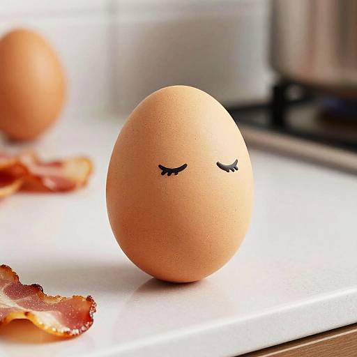 Egg with Sleepy Eyes on Kitchen Countertop