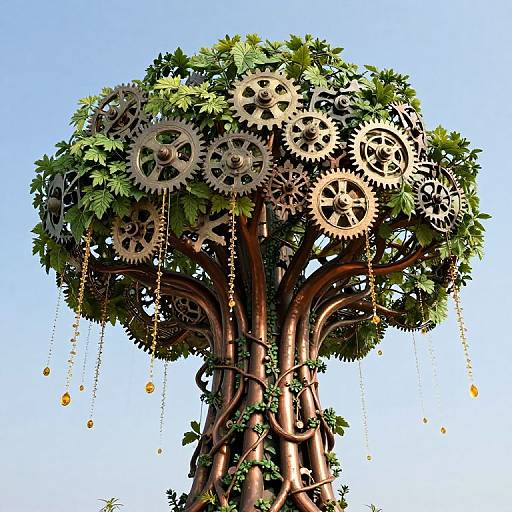 Digital artwork of a tree with a thick, twisted trunk, adorned with green leaves and interlocking gears, against a clear blue sky. Gears and