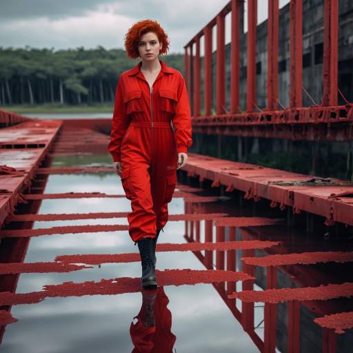 Woman in Red Jumpsuit Walking on Rusty Metal Structure