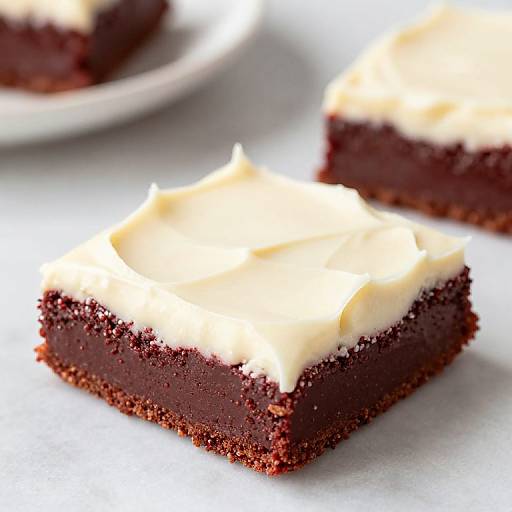 Photograph of rich, dark chocolate squares topped with creamy white whipped cream, with one square in focus and another blurred in the background on a white plate
