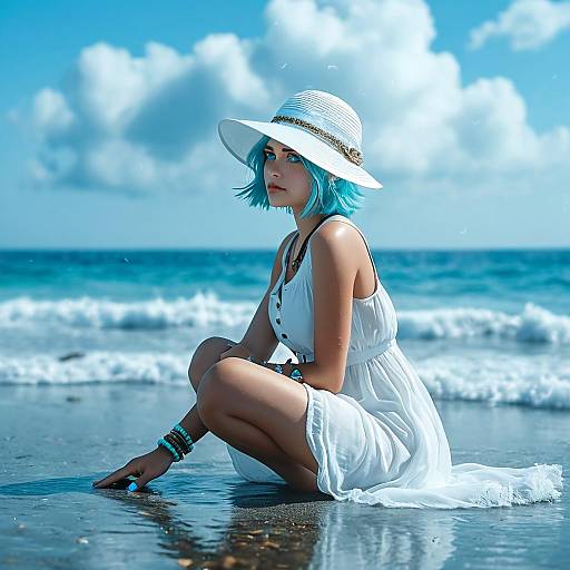 Photograph of a turquoise-haired woman in a white sundress and sunhat, sitting on a sandy beach with gentle waves. Bright blue sky with fluffy