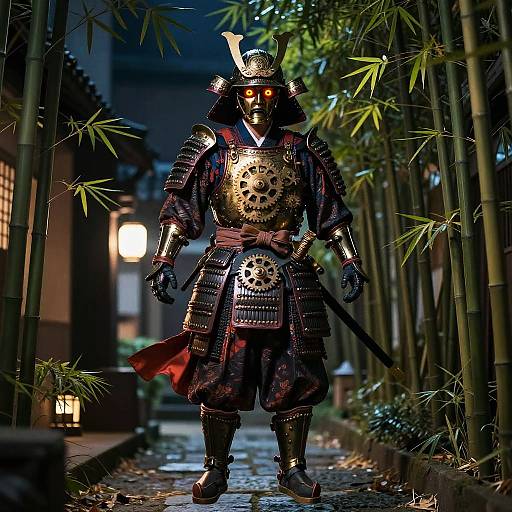 Clockwork Samurai in Neon-Lit Bamboo Alley