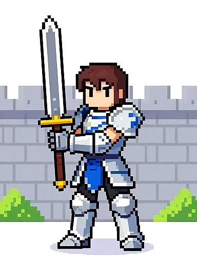 Pixel art of a young male knight with brown hair, white and blue armor, holding a large sword, standing in front of a gray brick wall with