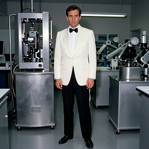 Photograph of a man in a white tuxedo with black bow tie, standing in a futuristic lab with metal machinery.