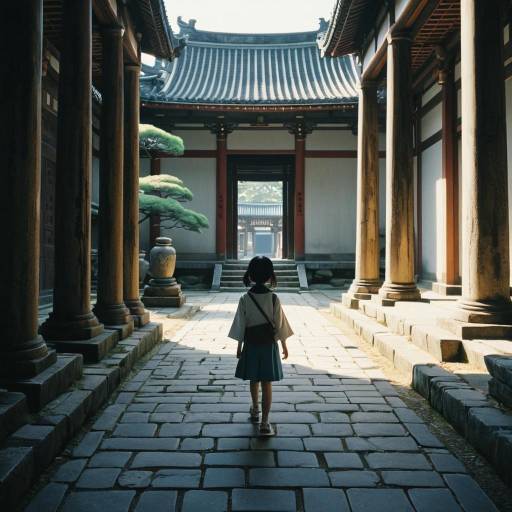 Curious Girl in Ancient Temple Courtyard