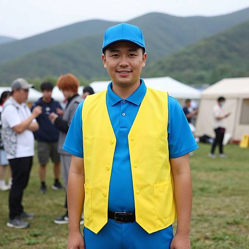 Photograph of a smiling Asian man in blue shirt and yellow vest, standing outdoors in a grassy field with mountain backdrop and blurred festival-goers in