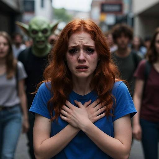 Photograph: Red-haired woman with worried expression, blue shirt, hands on chest, surrounded by blurred, masked figures in urban street background.