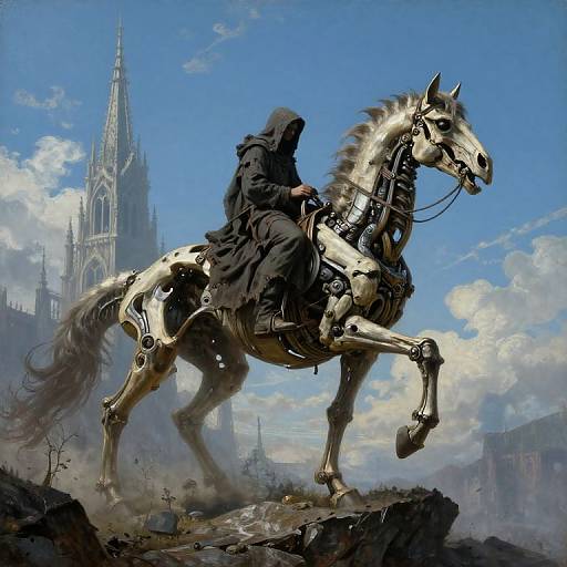 Digital fantasy artwork: A hooded figure rides a metallic, robotic white horse with exposed gears, against a backdrop of a gothic cathedral and bright blue