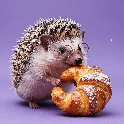 Plump Hedgehog Nuzzling Croissant in Lavender