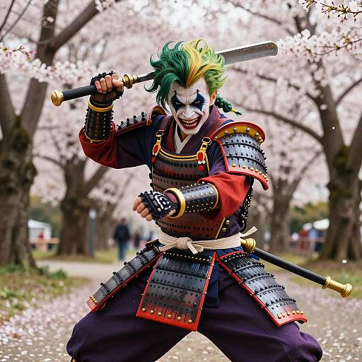 Photograph-style digital artwork of a menacing Joker in samurai armor, holding a sword, amidst cherry blossom trees with blurred people in background.