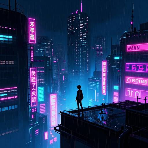 Cyberpunk cityscape at night: Neon-lit skyscrapers in vibrant pink and blue, rain pouring down. Silhouetted figure stands