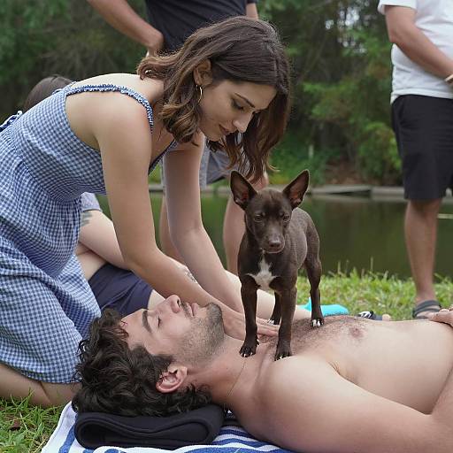 Woman tending shirtless man with dog outdoors