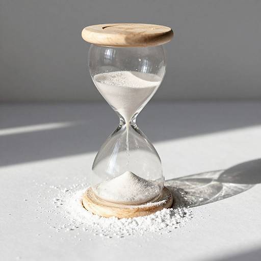 Photograph of a clear glass hourglass with a wooden top, filled with water, casting a sharp shadow on a bright, sunlit surface.