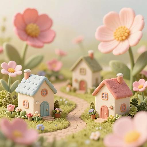 Photograph of two whimsical, pastel-colored houses with blue and pink roofs, surrounded by vibrant pink flowers and a winding path.