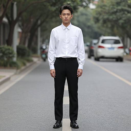 Photograph of an Asian man standing on a suburban street, wearing a white dress shirt, black pants, and black shoes, with a serious expression.