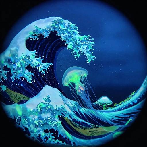 Digital artwork of a glowing blue-green jellyfish amidst a vibrant, neon wave crashing against a dark, starry ocean night.