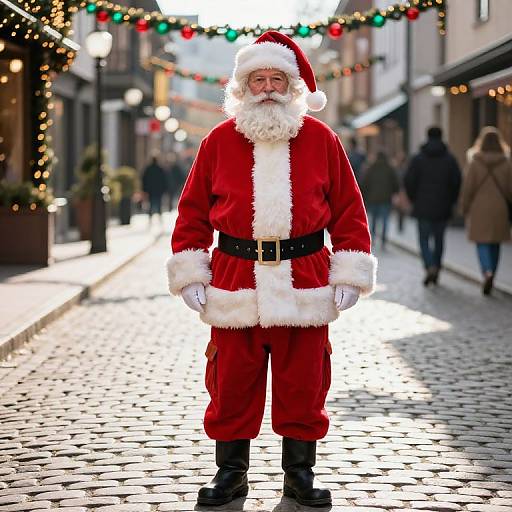 Middle-Aged Santa Claus on Cobblestone Street