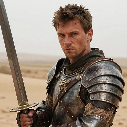 Photograph of a rugged, serious-looking man in dusty, worn medieval armor holding a sword, standing in a barren desert landscape.