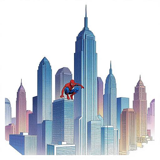 Digital illustration of Spider-Man leaping between skyscrapers against a futuristic cityscape with blue and white high-rise buildings.