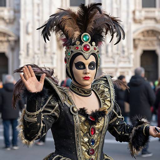 Photograph of a person in elaborate black Venetian carnival costume with feathered headdress, gem-embellished armor, and dramatic face paint