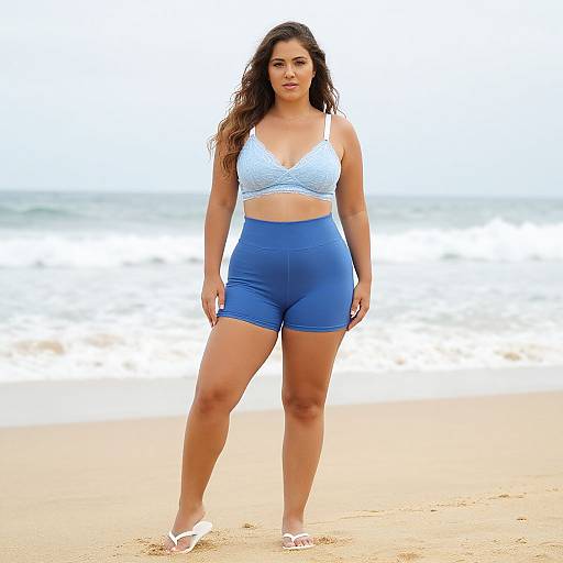 Photograph of a curvy, dark-haired woman with light skin, wearing a white lace crop top and blue high-waisted shorts, standing on