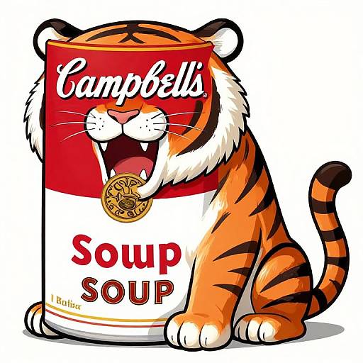 Digital cartoon of a cute, orange-and-black striped tiger sitting on a Campbell's Soup can, holding a spoon with its mouth open.