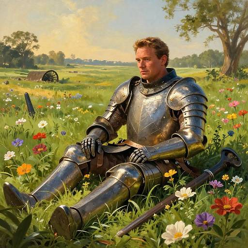 Digital painting of a muscular, fair-skinned knight in shiny silver armor, sitting among colorful flowers in a sunlit meadow, with a distant tree