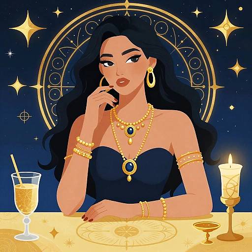 Digital illustration of a confident, dark-haired woman in a strapless black dress, adorned with gold jewelry, sitting at a starry table with a candle