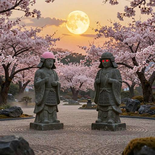 Ancient Samurai Statues in Zen Garden