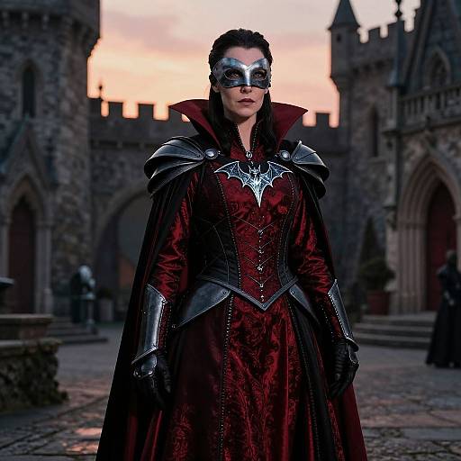 Photograph of a woman in a red velvet medieval costume with black armor and silver mask, standing in a gothic castle courtyard at sunset.