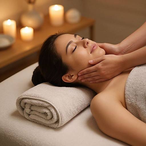 Photograph of a serene woman with closed eyes receiving a facial massage, wrapped in a white towel, surrounded by glowing candles.