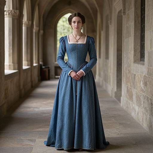 Photograph of a woman in a blue, long-sleeved, medieval-style dress standing in a stone corridor with arched windows.