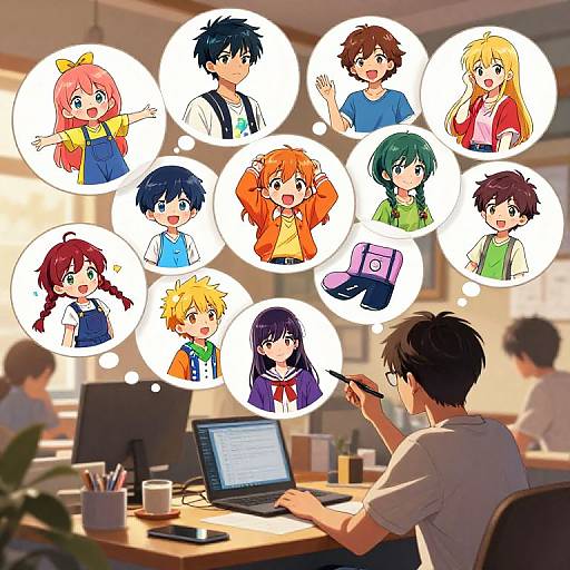 Anime-style digital drawing: Boy at desk writing, surrounded by thought bubbles of diverse, colorful characters, in a cozy cafe.