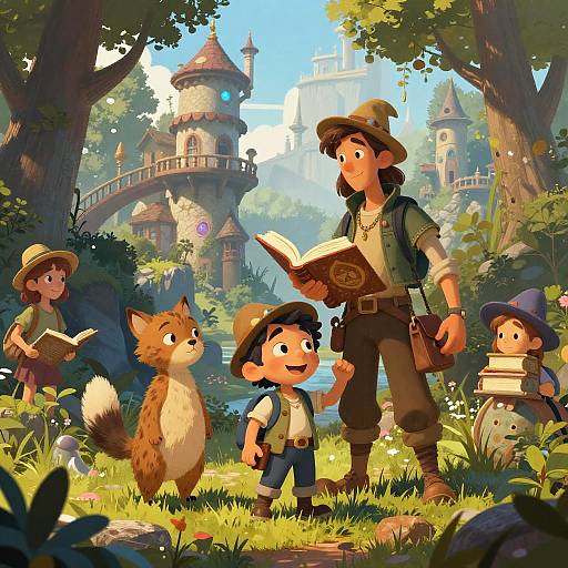 Illustration of a whimsical forest scene with a wizard, child, fox, and two children reading books, enchanting fairy-tale castle in background