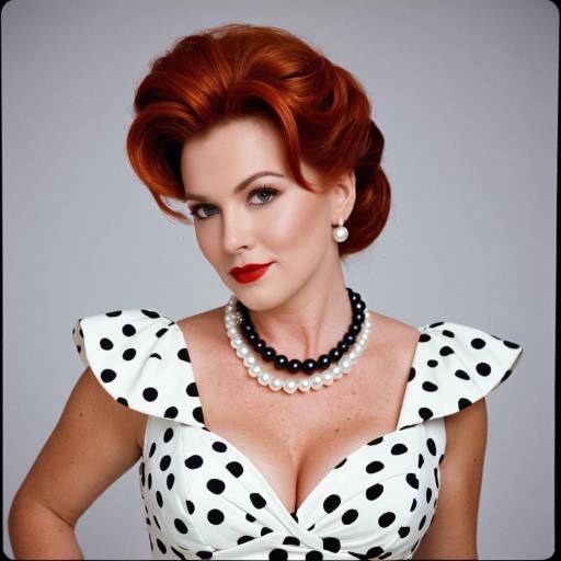 Woman in Retro Polka Dot Dress with Pearl Necklace