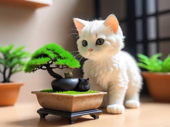Adorable Kitty Gazing at Bonsai Tree