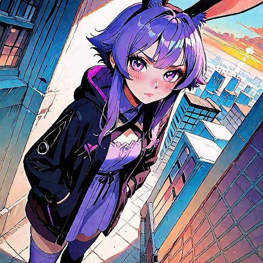 Digital anime-style drawing of a purple-haired, pink-eyed girl with rabbit ears, wearing a black hoodie and white top, standing in a vibrant, urban