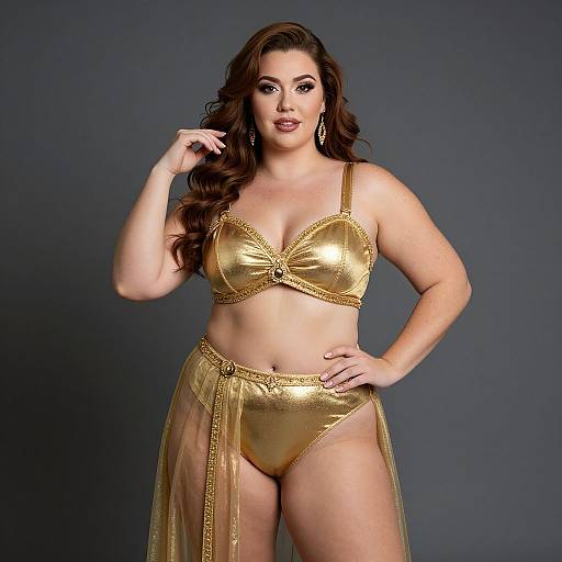 Photograph of a curvy, fair-skinned woman with long brown hair, wearing a gold, shiny bra and high-waisted, sheer gold
