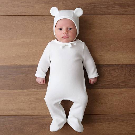 Photograph of a baby lying on a wooden floor, wearing a white bear onesie with bear ears, looking directly at the camera.