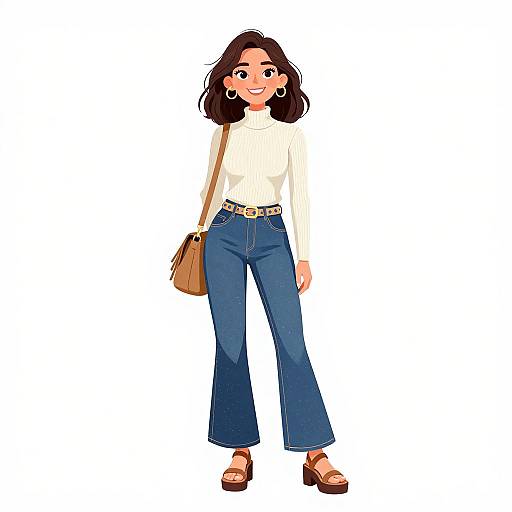 Digital illustration of a smiling woman with medium-length brown hair, wearing a white turtleneck, blue high-waisted jeans, brown belt, brown
