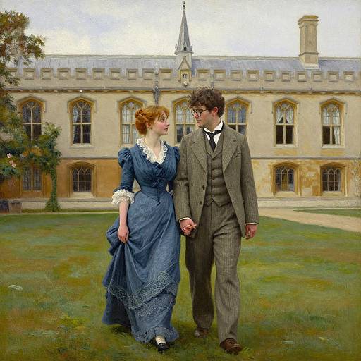 Victorian-era painting of a couple holding hands in front of a Gothic-style building; woman in blue dress, man in gray suit.