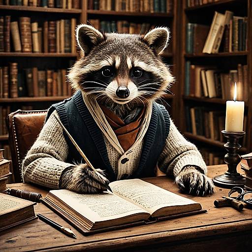 Anthropomorphic Raccoon Writer in Vintage Study