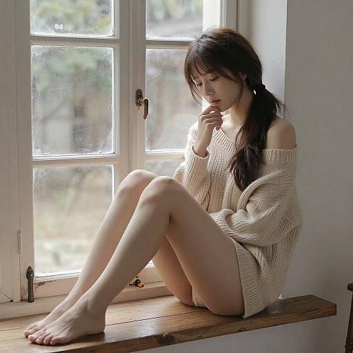 Contemplative Young Woman on Windowsill