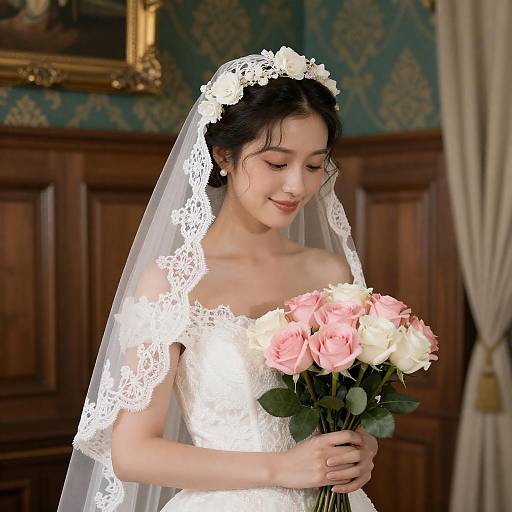 Bride in Lace Veil Holding Roses