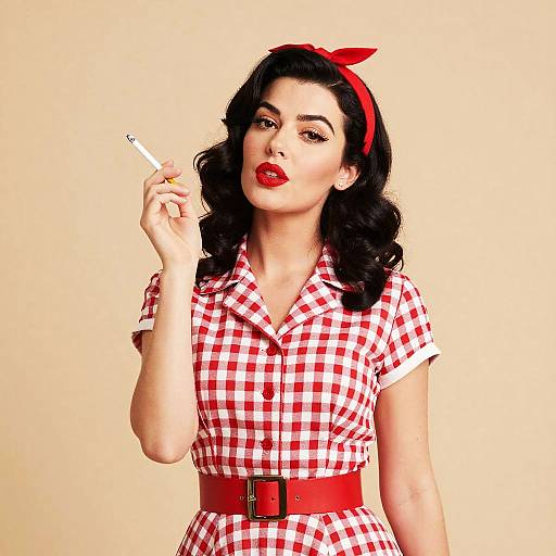 Retro Pin-Up Woman in Gingham Dress